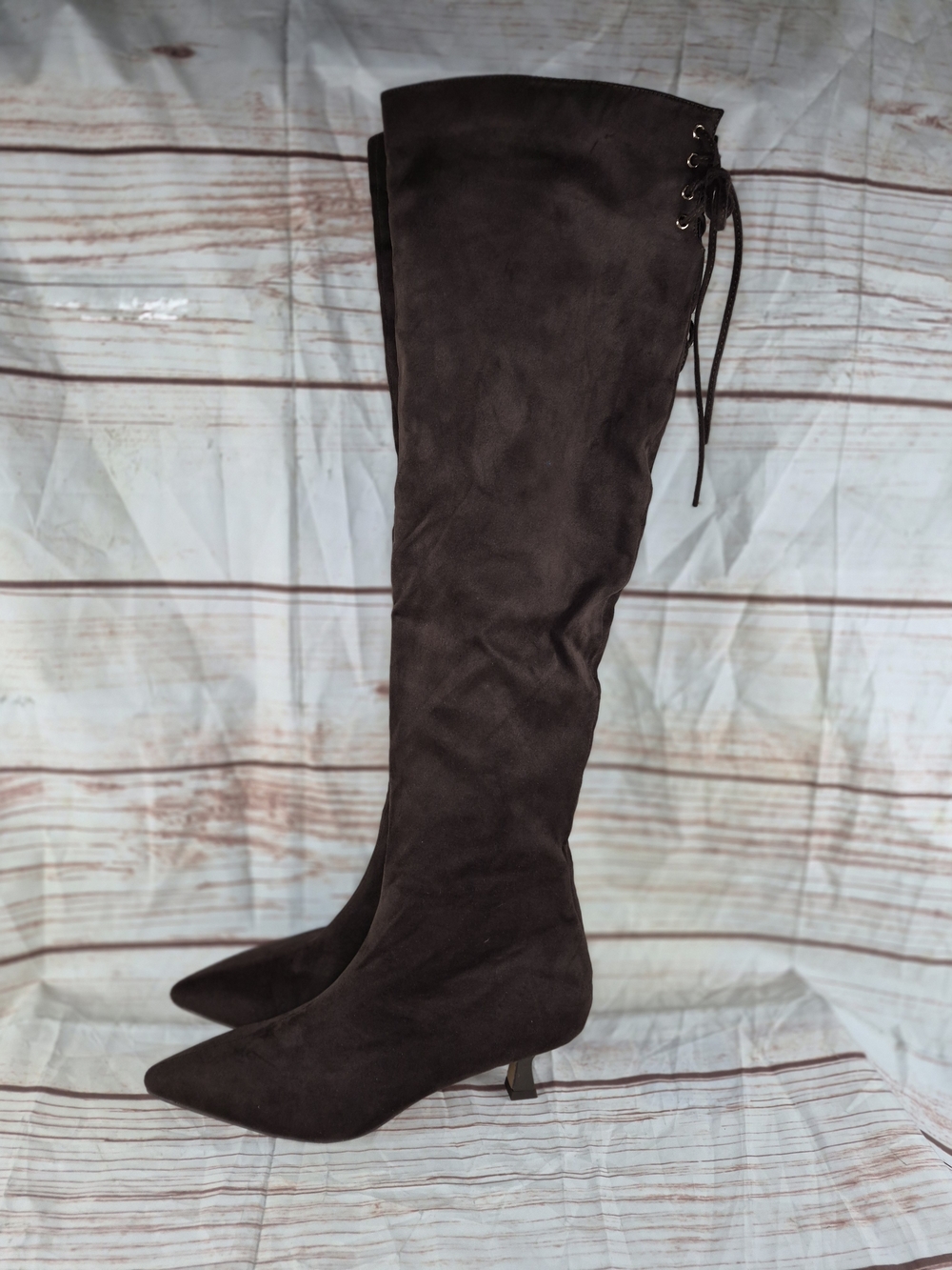 NY&C Vanellope Over-the-Knee Pointed Toe Kitten Heel Boots - Dark Brown Size 8